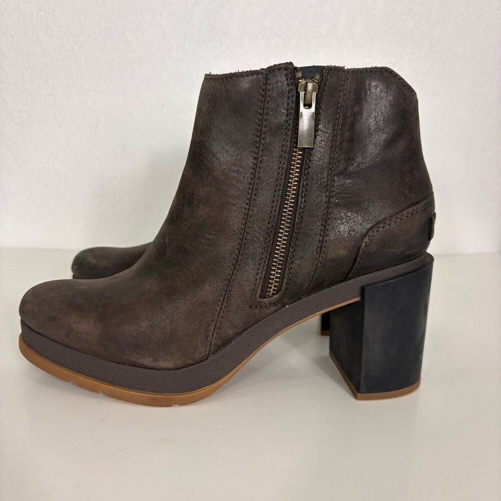 Sorel Coffee Brown Zipper Side Block Platform Heeled Booties Women's Size 10